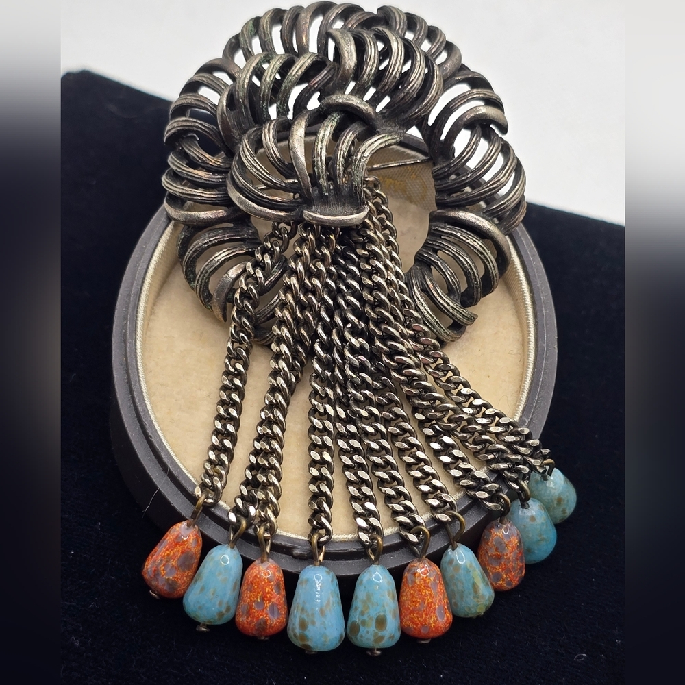 Art Glass Fringe Drop Brooch Faux Turquoise Coral Kinetic Ribbon Knot Unsigned
